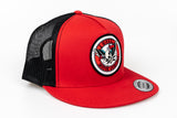 Red, black mesh, two toned Snapback with skull logo