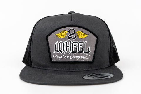 Charcoal grey, black mesh, two toned Snapback with yellow wings/grey logo